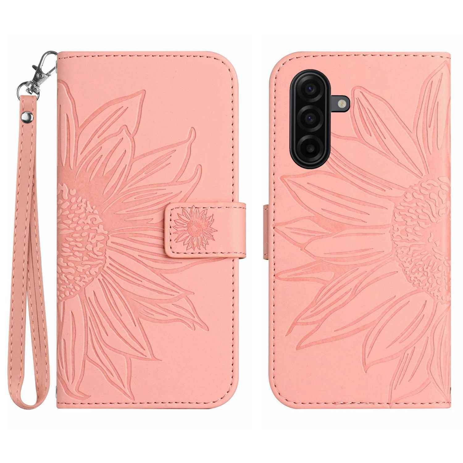For Samsung Galaxy A57 5G Case Sunflower Imprint Leather Wallet Phone Cover with Wrist Strap - Pink