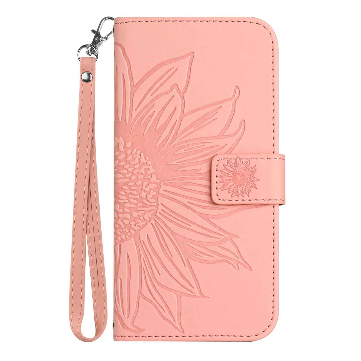 For Samsung Galaxy A57 5G Case Sunflower Imprint Leather Wallet Phone Cover with Wrist Strap - Pink