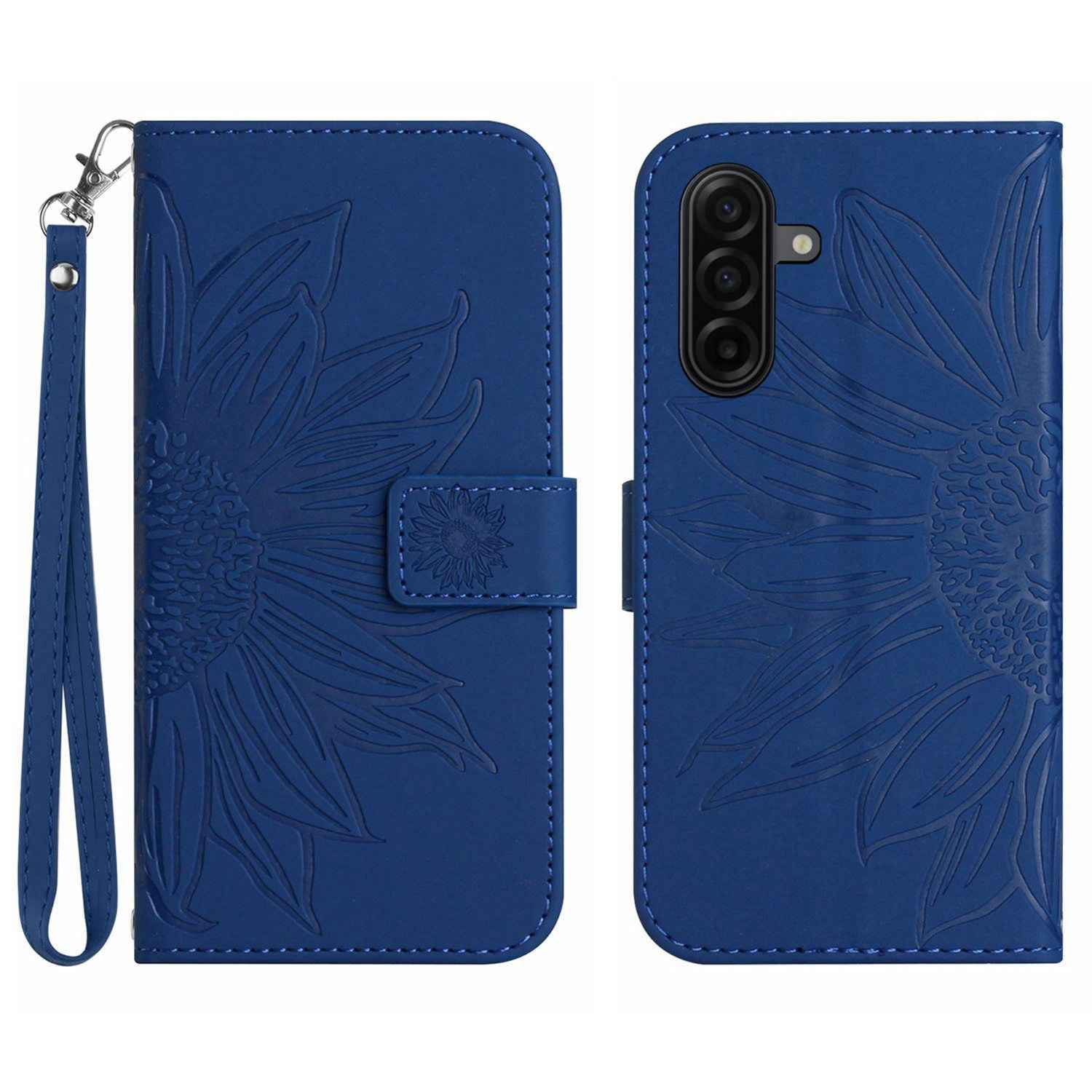 For Samsung Galaxy A57 5G Case Sunflower Imprint Leather Wallet Phone Cover with Wrist Strap - Sapphire