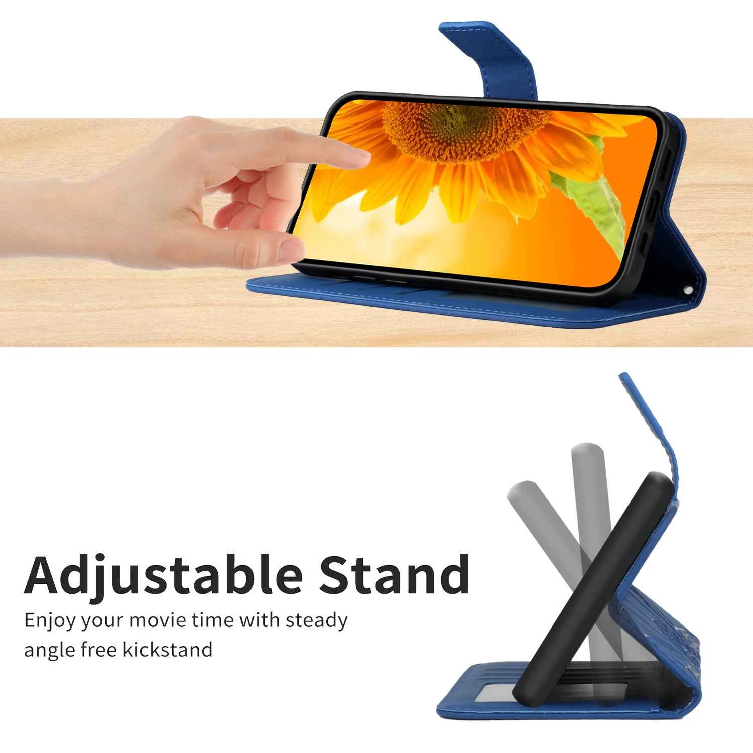 For Samsung Galaxy A57 5G Case Sunflower Imprint Leather Wallet Phone Cover with Wrist Strap - Sapphire