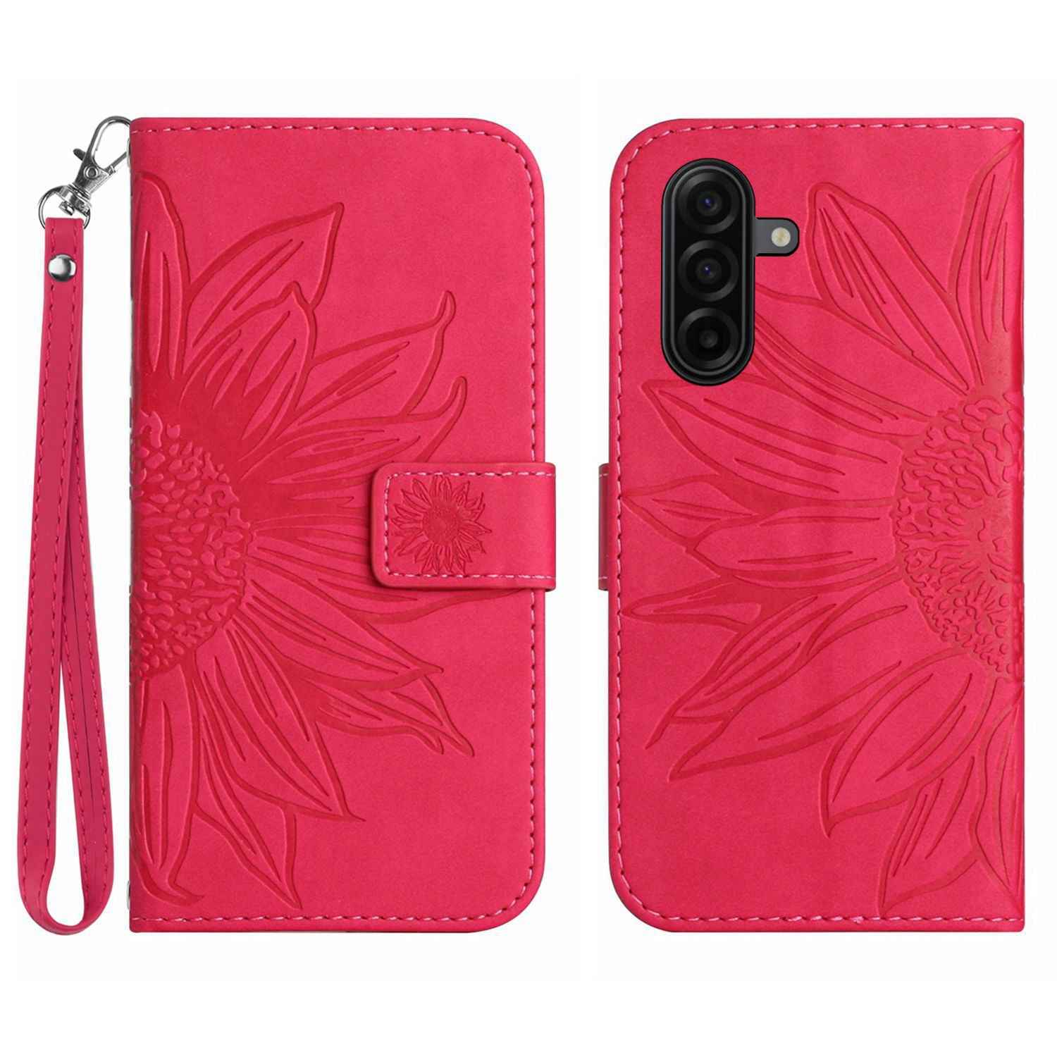 For Samsung Galaxy A57 5G Case Sunflower Imprint Leather Wallet Phone Cover with Wrist Strap - Rose