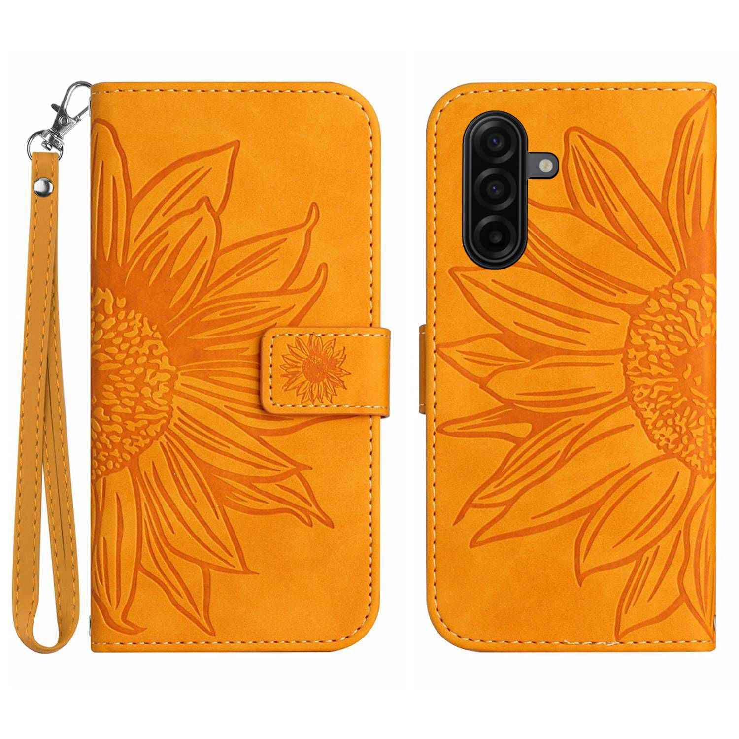 For Samsung Galaxy A57 5G Case Sunflower Imprint Leather Wallet Phone Cover with Wrist Strap - Yellow