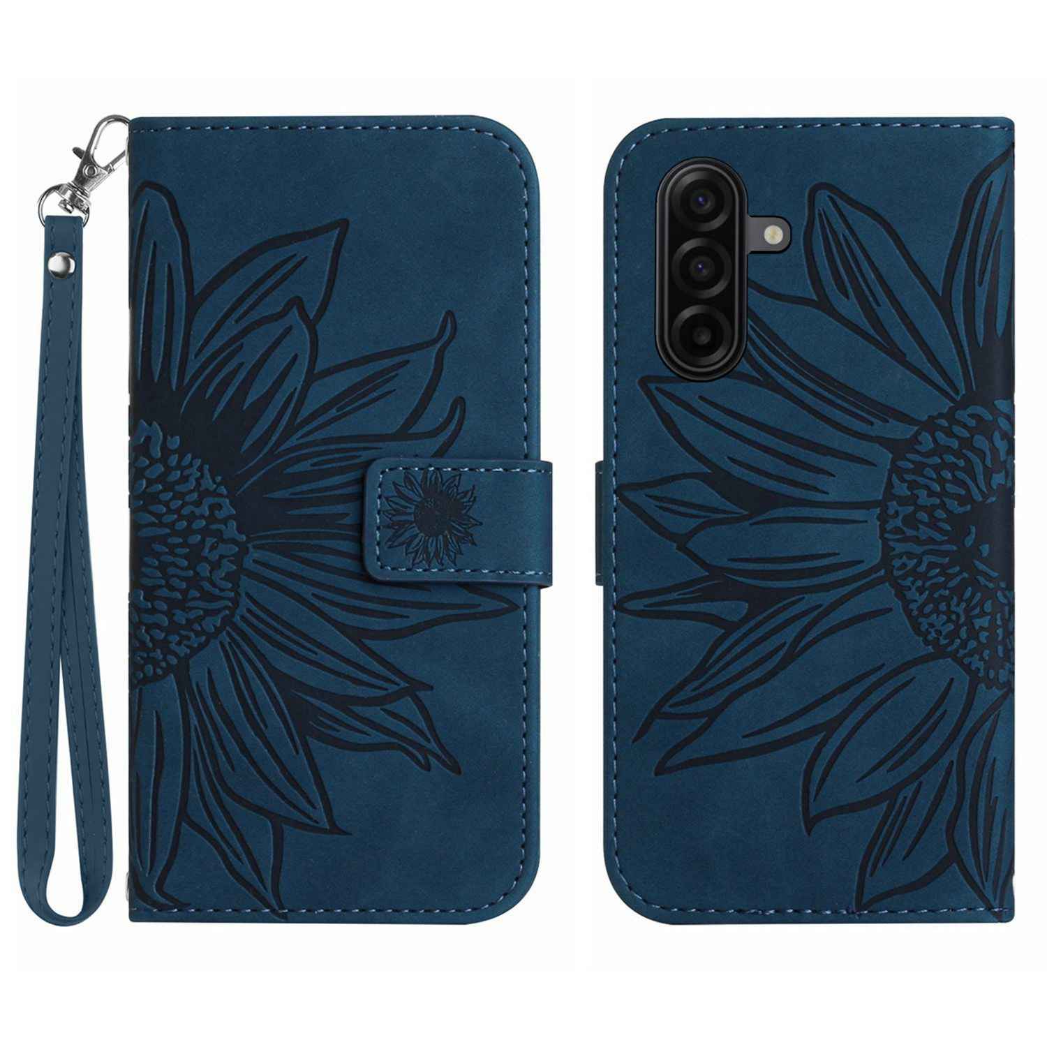 For Samsung Galaxy A57 5G Case Sunflower Imprint Leather Wallet Phone Cover with Wrist Strap - Dark Blue