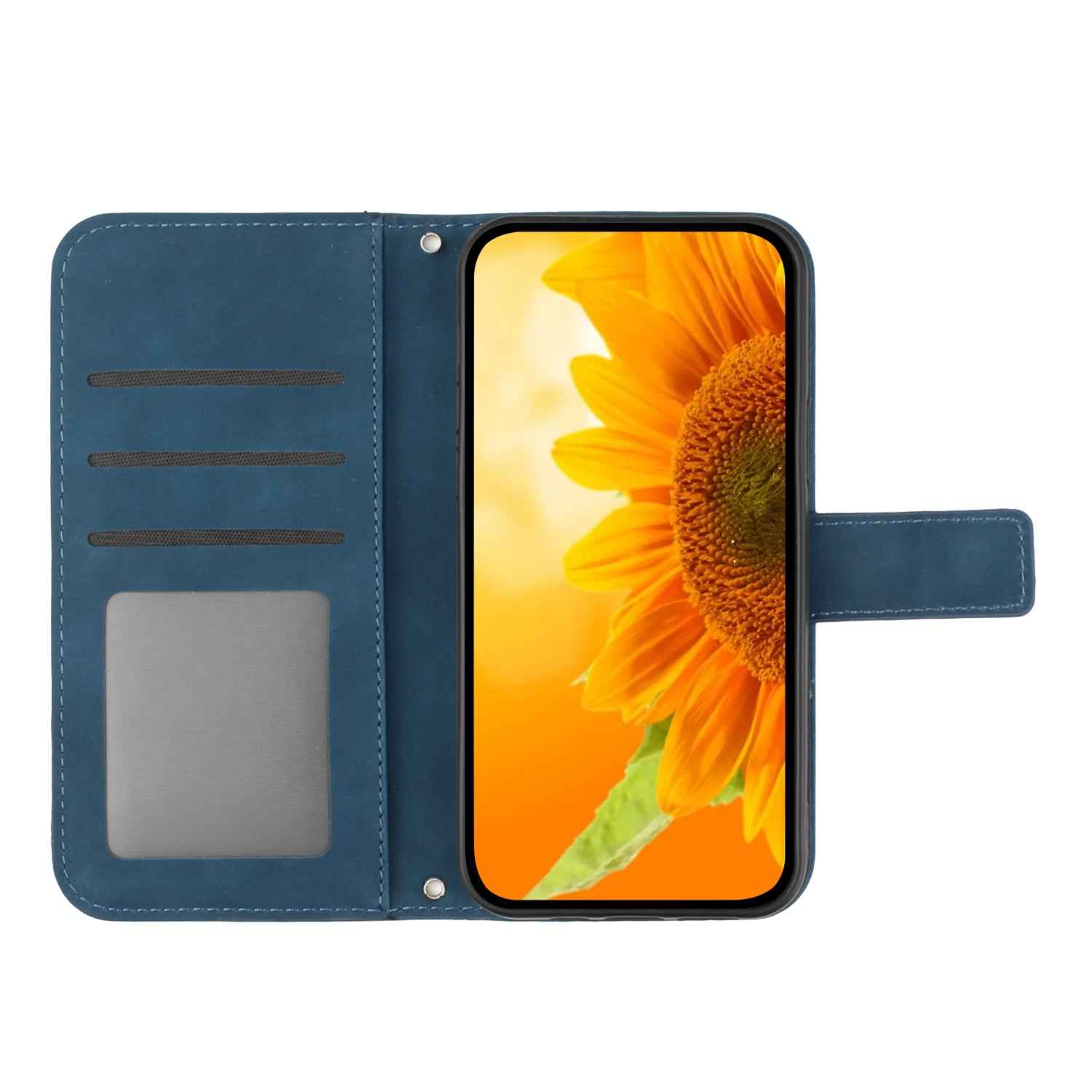 For Samsung Galaxy A57 5G Case Sunflower Imprint Leather Wallet Phone Cover with Wrist Strap - Dark Blue