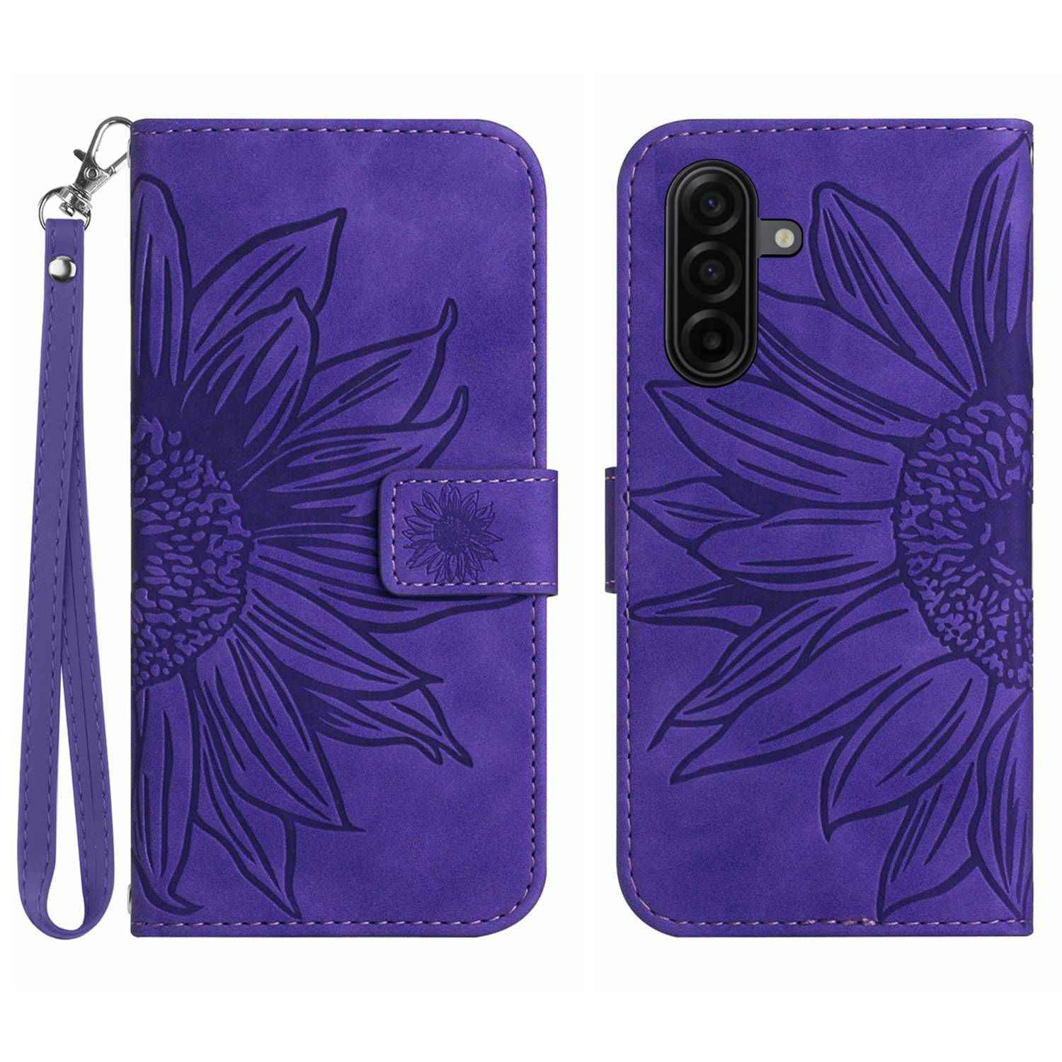 For Samsung Galaxy A57 5G Case Sunflower Imprint Leather Wallet Phone Cover with Wrist Strap - Dark Purple
