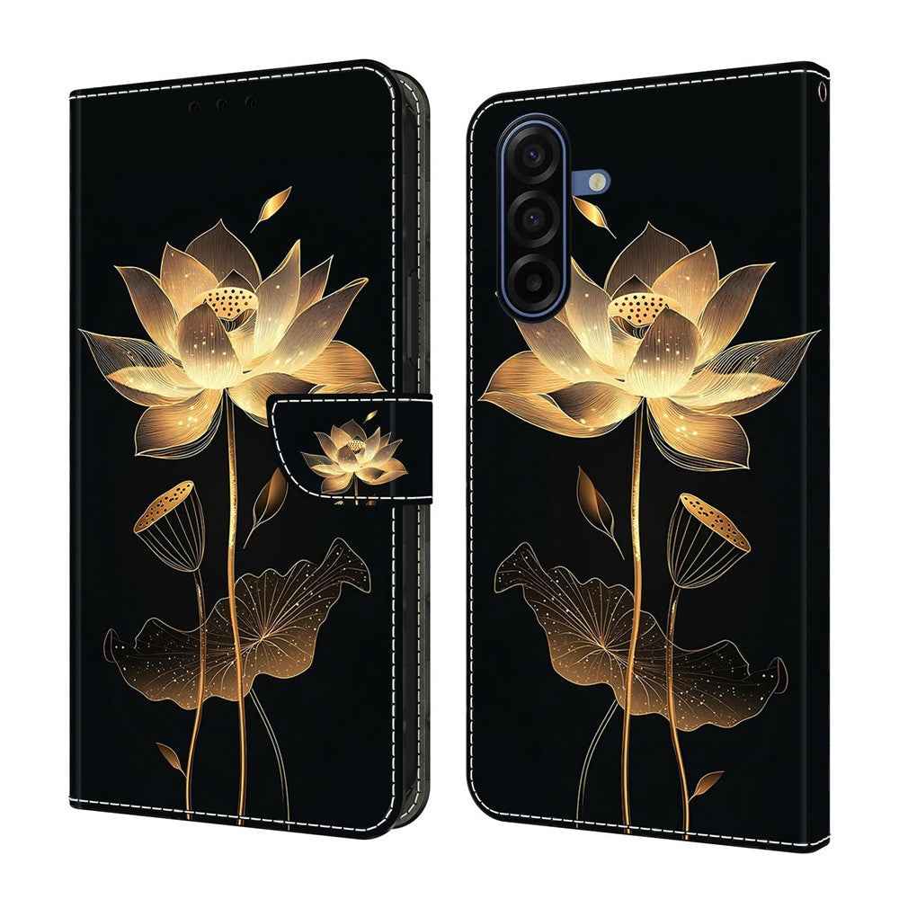 For Samsung Galaxy A57 5G Wallet Case Foldable Stand Pattern Printing Leather Flip Phone Cover - Gold-Threaded Lotus