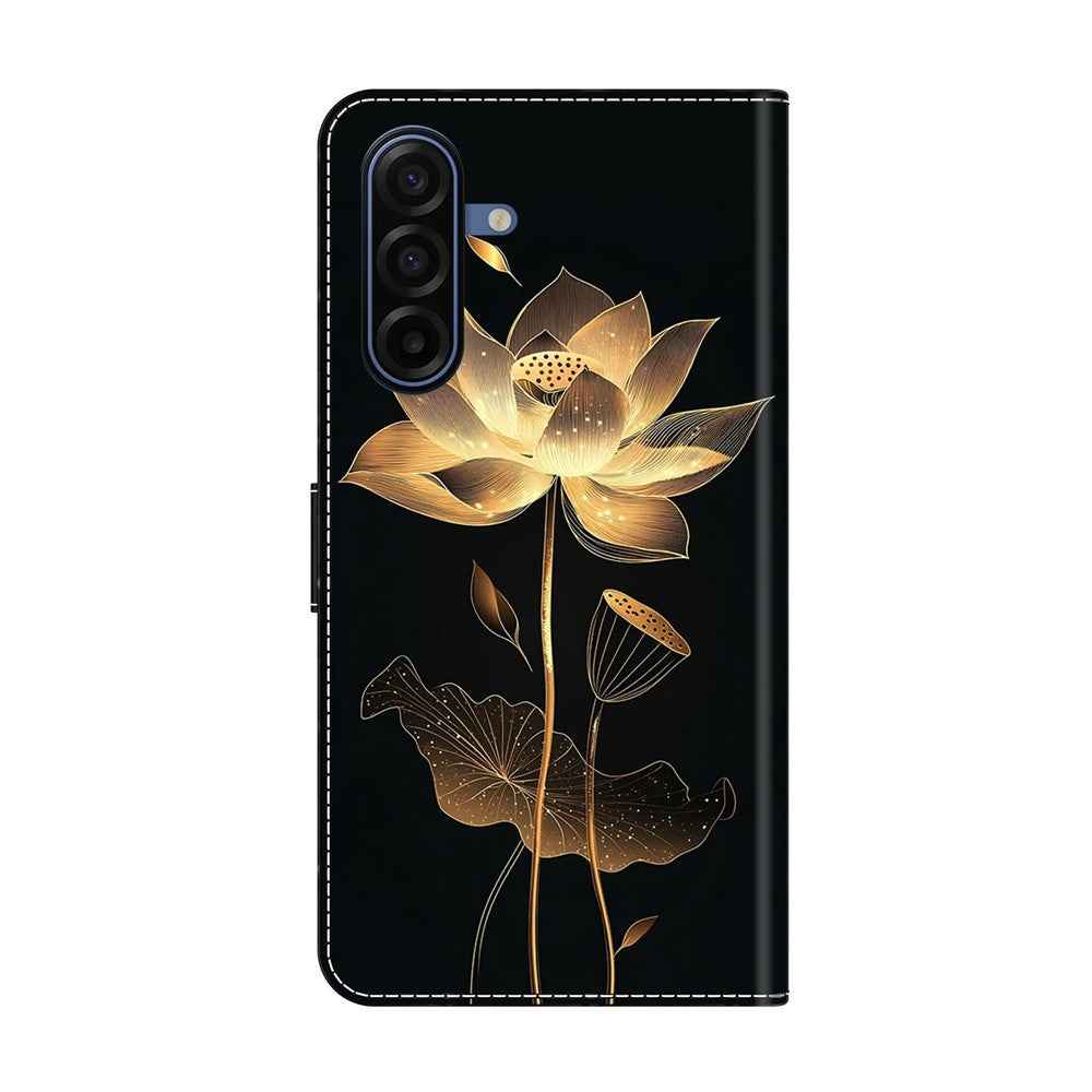 For Samsung Galaxy A57 5G Wallet Case Foldable Stand Pattern Printing Leather Flip Phone Cover - Gold-Threaded Lotus