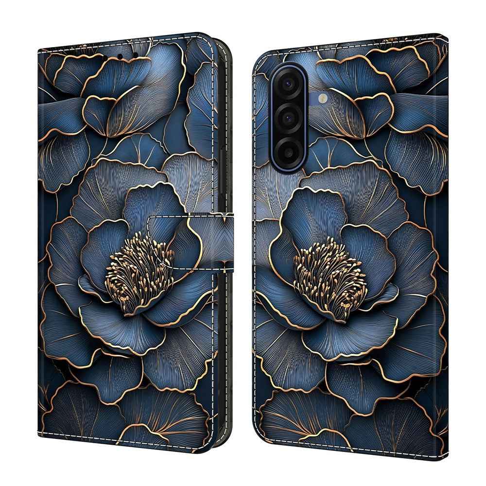 For Samsung Galaxy A57 5G Wallet Case Foldable Stand Pattern Printing Leather Flip Phone Cover - Blue Gold Peony