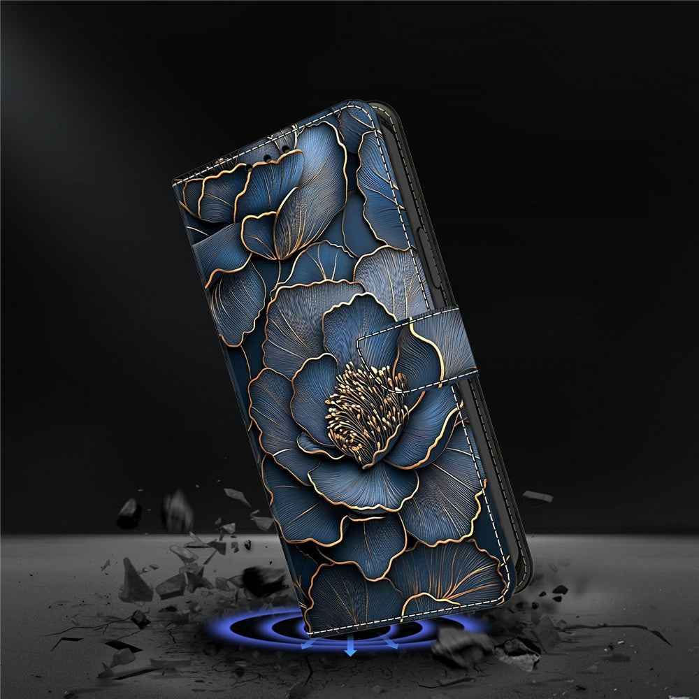 For Samsung Galaxy A57 5G Wallet Case Foldable Stand Pattern Printing Leather Flip Phone Cover - Blue Gold Peony