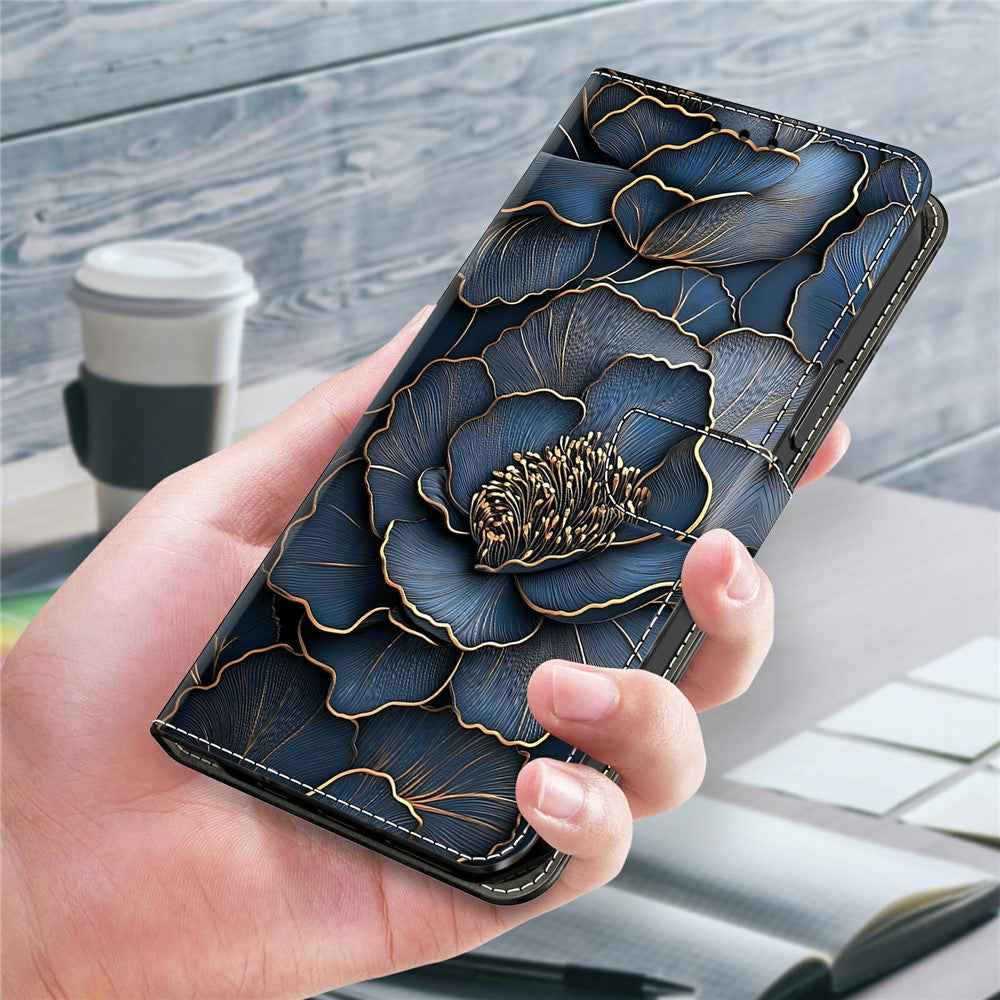 For Samsung Galaxy A57 5G Wallet Case Foldable Stand Pattern Printing Leather Flip Phone Cover - Blue Gold Peony