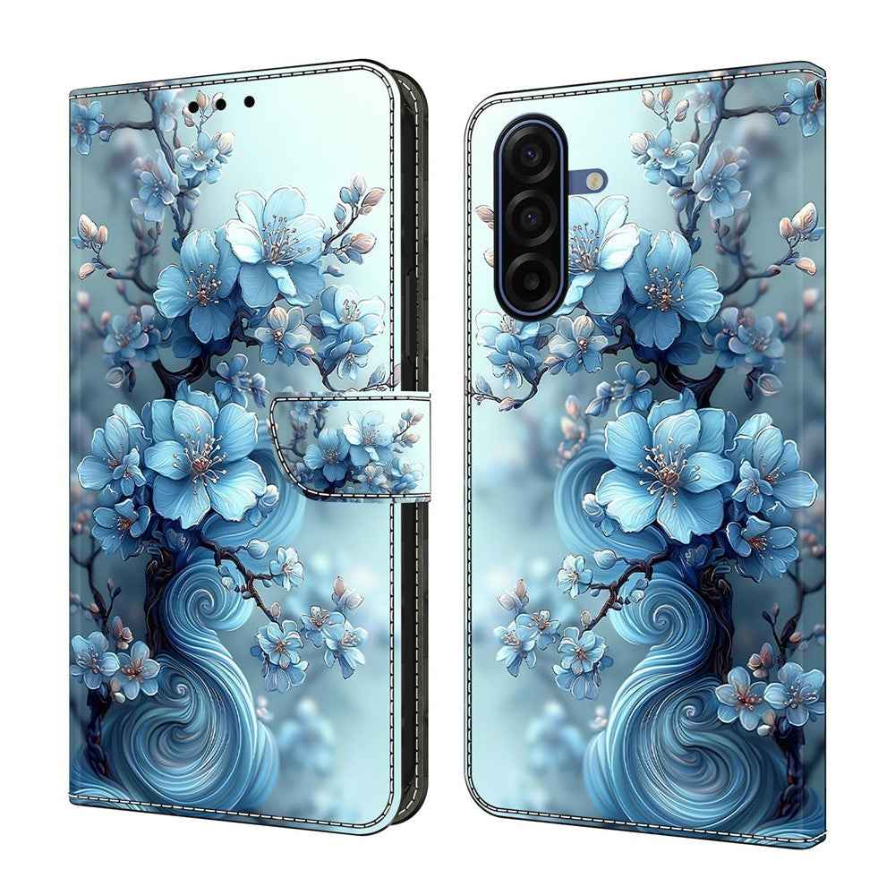 For Samsung Galaxy A57 5G Wallet Case Foldable Stand Pattern Printing Leather Flip Phone Cover - Ice Blue Flower