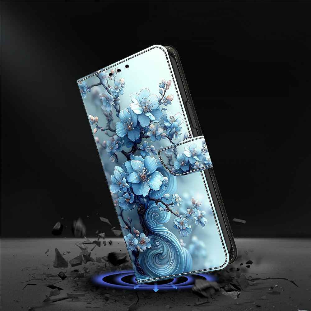 For Samsung Galaxy A57 5G Wallet Case Foldable Stand Pattern Printing Leather Flip Phone Cover - Ice Blue Flower