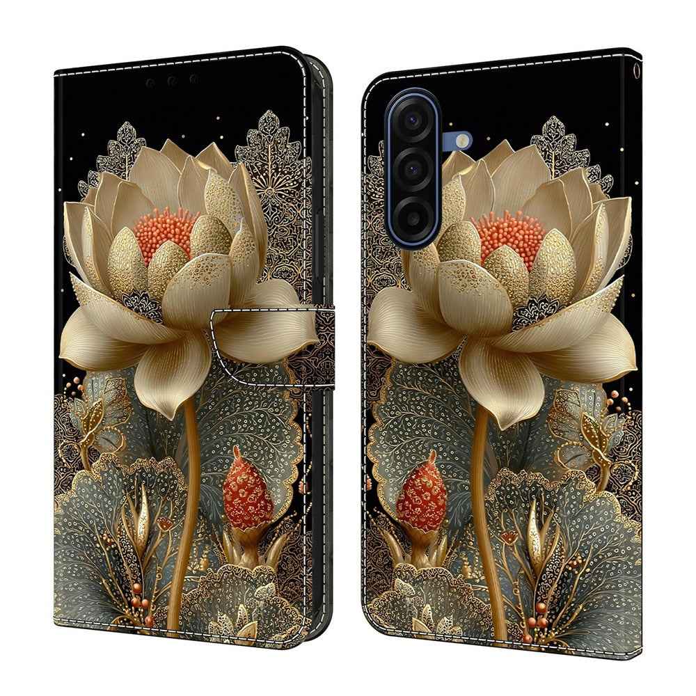 For Samsung Galaxy A57 5G Wallet Case Foldable Stand Pattern Printing Leather Flip Phone Cover - Golden Lotus