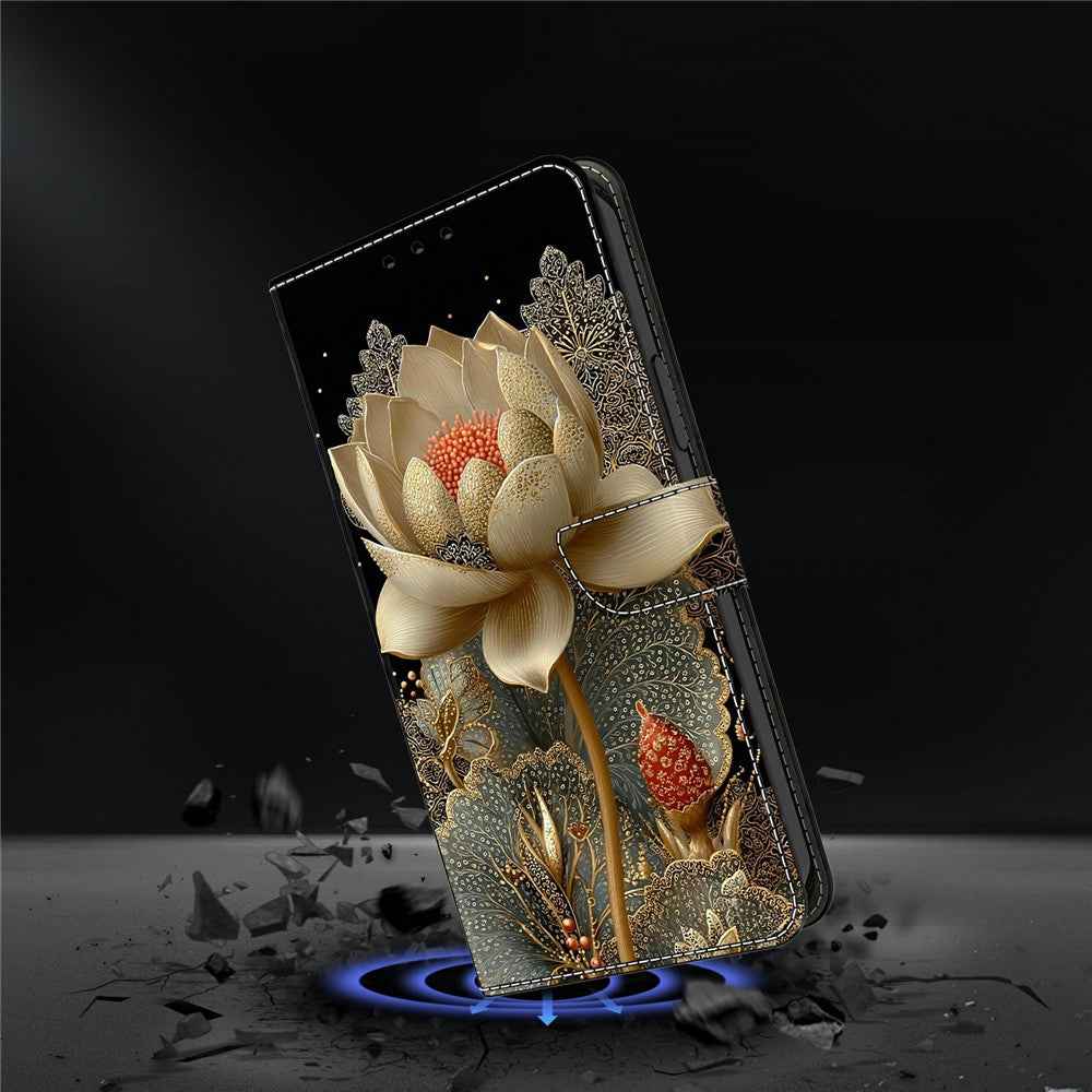 For Samsung Galaxy A57 5G Wallet Case Foldable Stand Pattern Printing Leather Flip Phone Cover - Golden Lotus