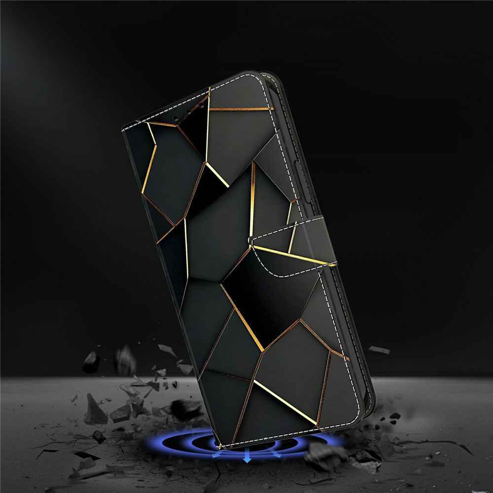 For Samsung Galaxy A57 5G Wallet Case Foldable Stand Pattern Printing Leather Flip Phone Cover - Black Gold Beveled Edges