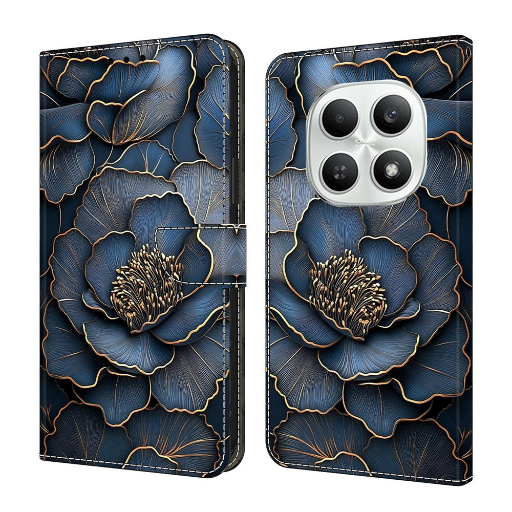 For Xiaomi Poco M8 5G / Redmi Note 15 5G (Global) Wallet Case Foldable Stand Pattern Printing Leather Flip Phone Cover - Blue Gold Peony
