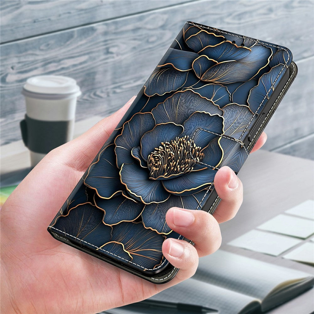 For Xiaomi Poco M8 5G / Redmi Note 15 5G (Global) Wallet Case Foldable Stand Pattern Printing Leather Flip Phone Cover - Blue Gold Peony