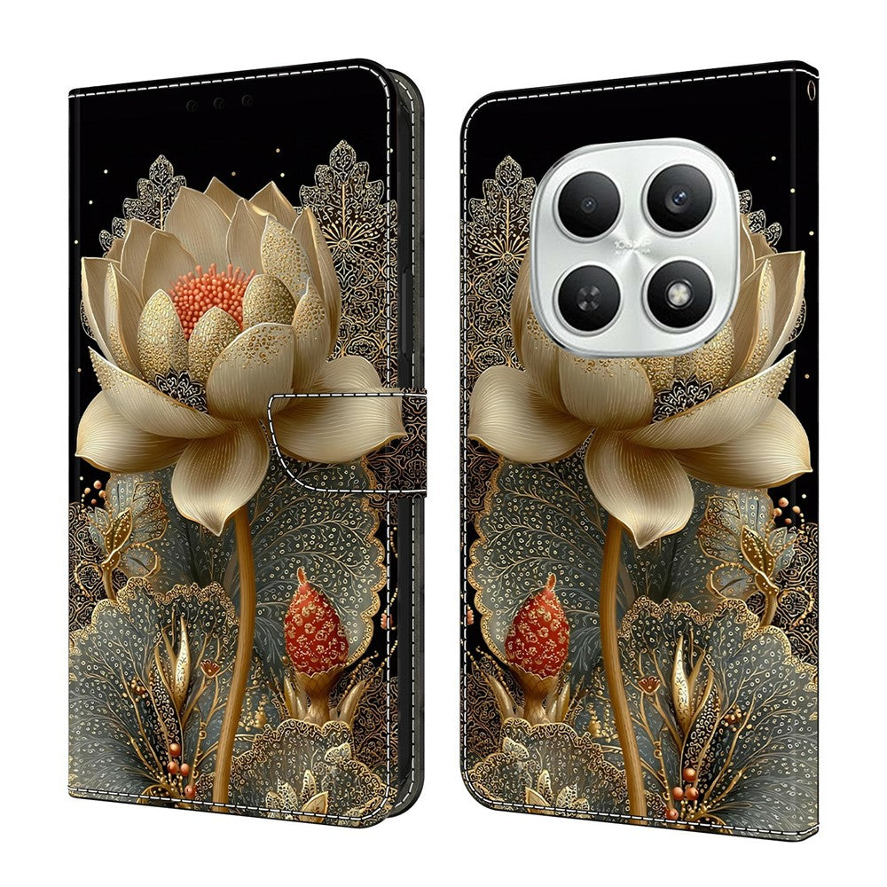 For Xiaomi Poco M8 5G / Redmi Note 15 5G (Global) Wallet Case Foldable Stand Pattern Printing Leather Flip Phone Cover - Golden Lotus