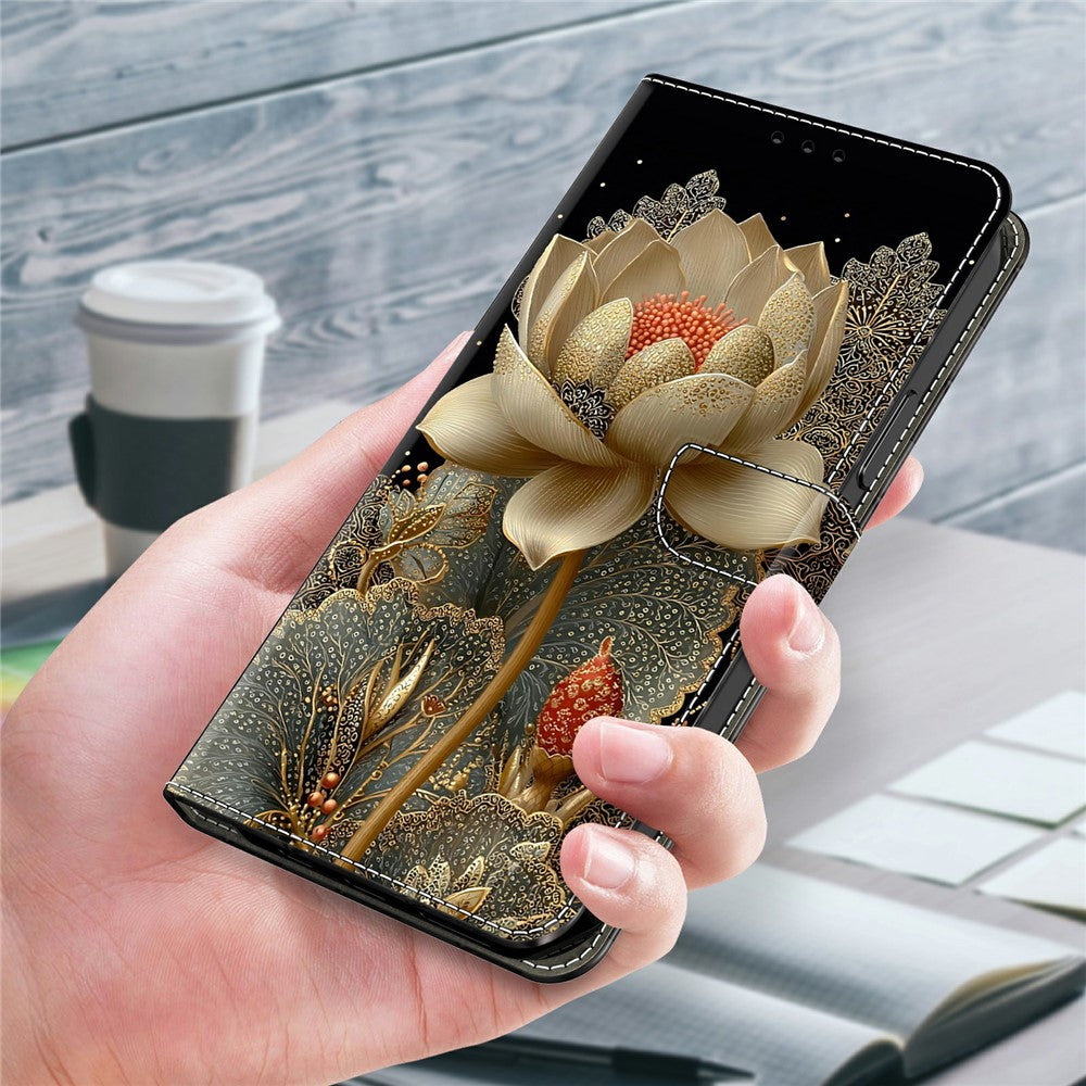 For Xiaomi Poco M8 5G / Redmi Note 15 5G (Global) Wallet Case Foldable Stand Pattern Printing Leather Flip Phone Cover - Golden Lotus