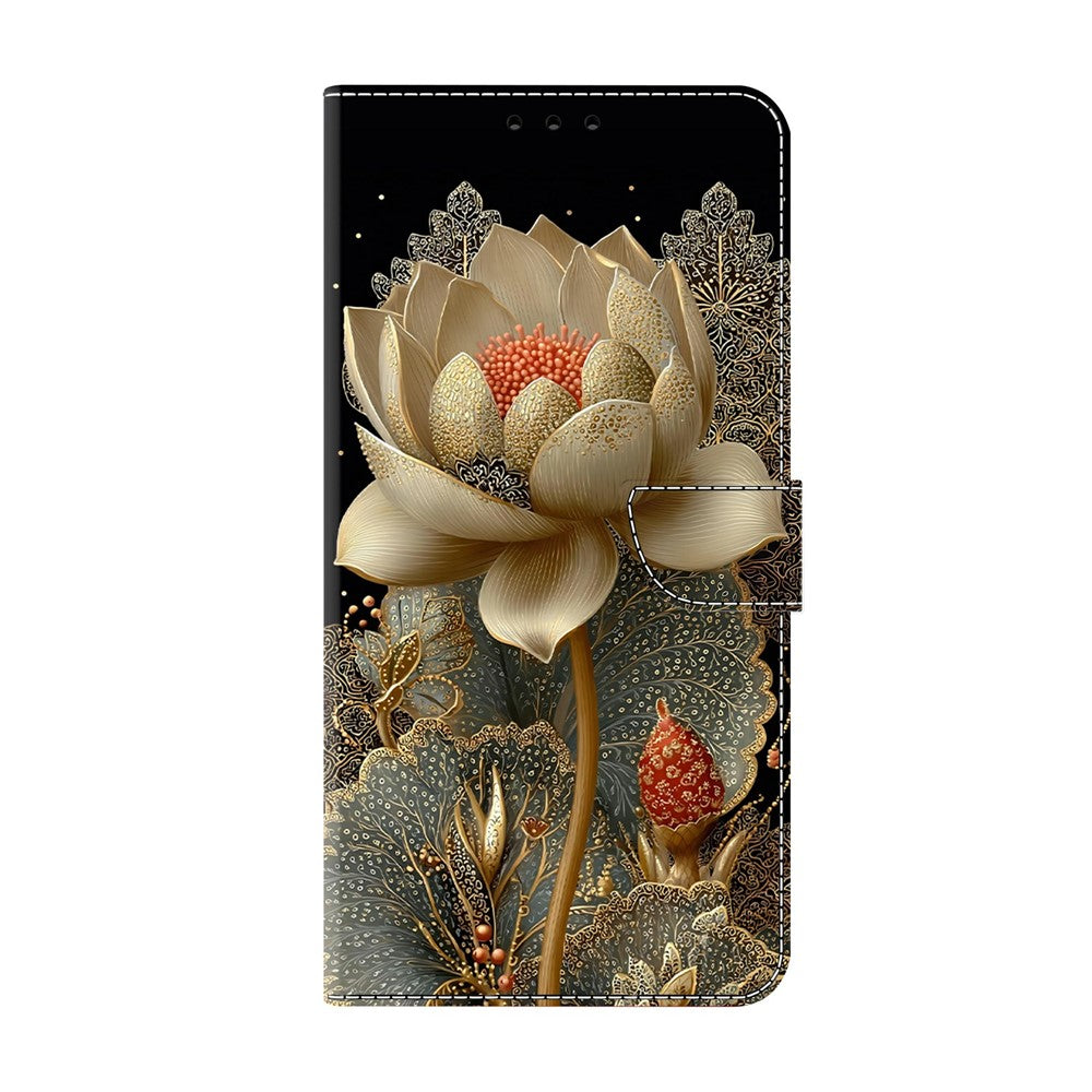 For Xiaomi Poco M8 5G / Redmi Note 15 5G (Global) Wallet Case Foldable Stand Pattern Printing Leather Flip Phone Cover - Golden Lotus
