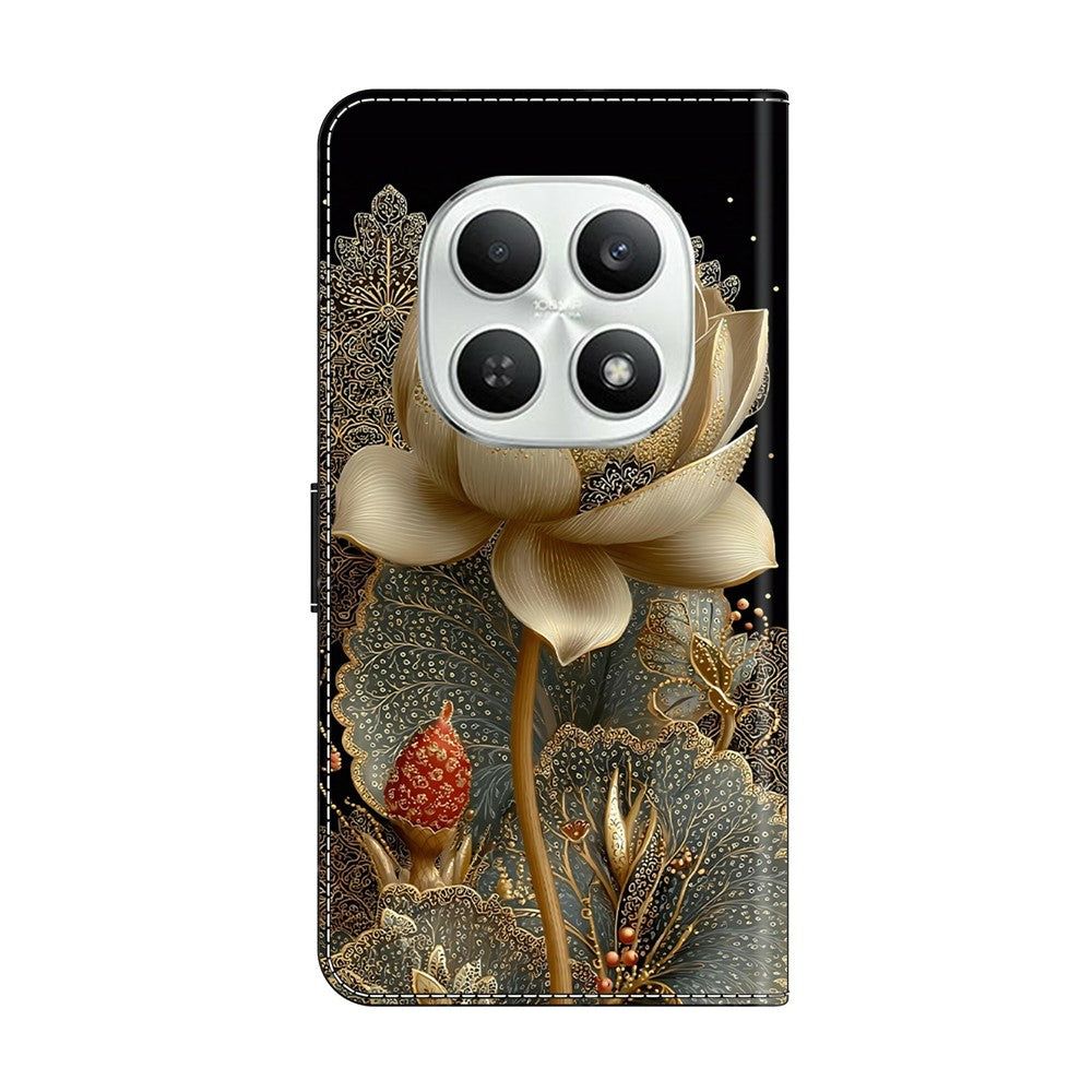 For Xiaomi Poco M8 5G / Redmi Note 15 5G (Global) Wallet Case Foldable Stand Pattern Printing Leather Flip Phone Cover - Golden Lotus