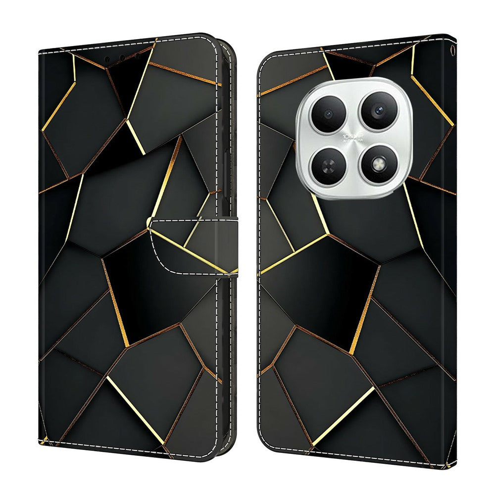 For Xiaomi Poco M8 5G / Redmi Note 15 5G (Global) Wallet Case Foldable Stand Pattern Printing Leather Flip Phone Cover - Black Gold Beveled Edges