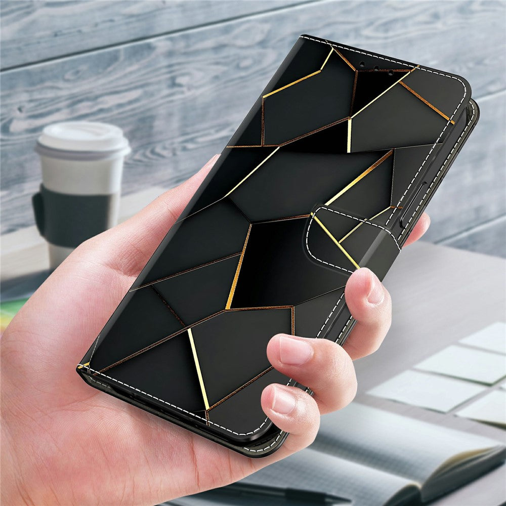 For Xiaomi Poco M8 5G / Redmi Note 15 5G (Global) Wallet Case Foldable Stand Pattern Printing Leather Flip Phone Cover - Black Gold Beveled Edges