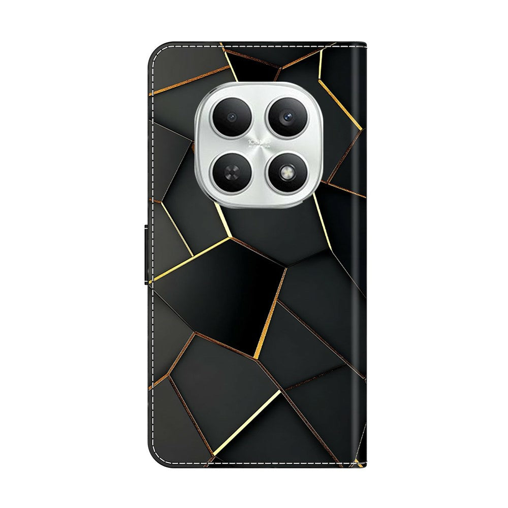 For Xiaomi Poco M8 5G / Redmi Note 15 5G (Global) Wallet Case Foldable Stand Pattern Printing Leather Flip Phone Cover - Black Gold Beveled Edges