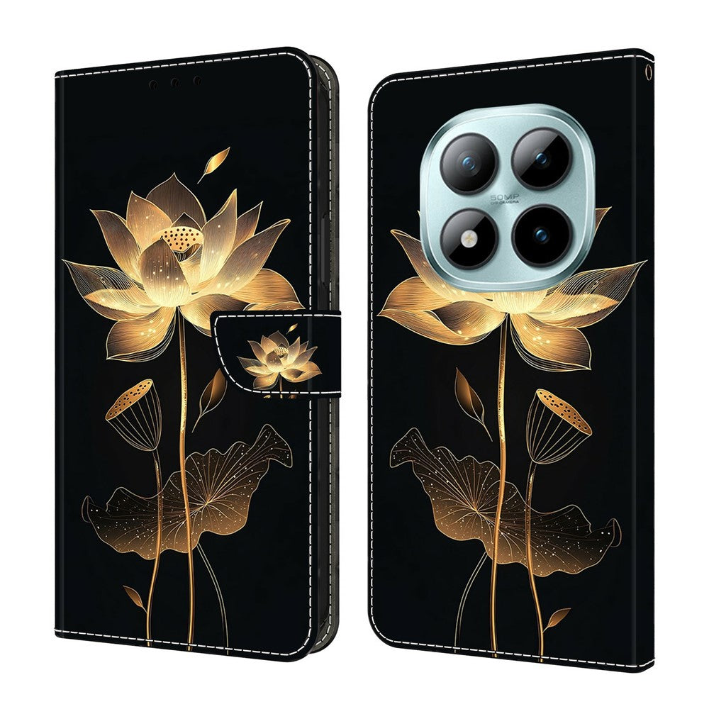 For Xiaomi Redmi Note 15 Pro 5G (Global) Wallet Case Foldable Stand Pattern Printing Leather Flip Phone Cover - Gold-Threaded Lotus