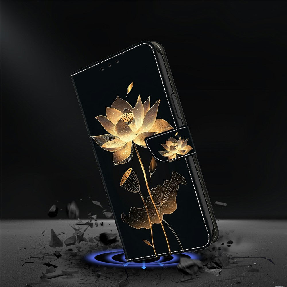 For Xiaomi Redmi Note 15 Pro 5G (Global) Wallet Case Foldable Stand Pattern Printing Leather Flip Phone Cover - Gold-Threaded Lotus