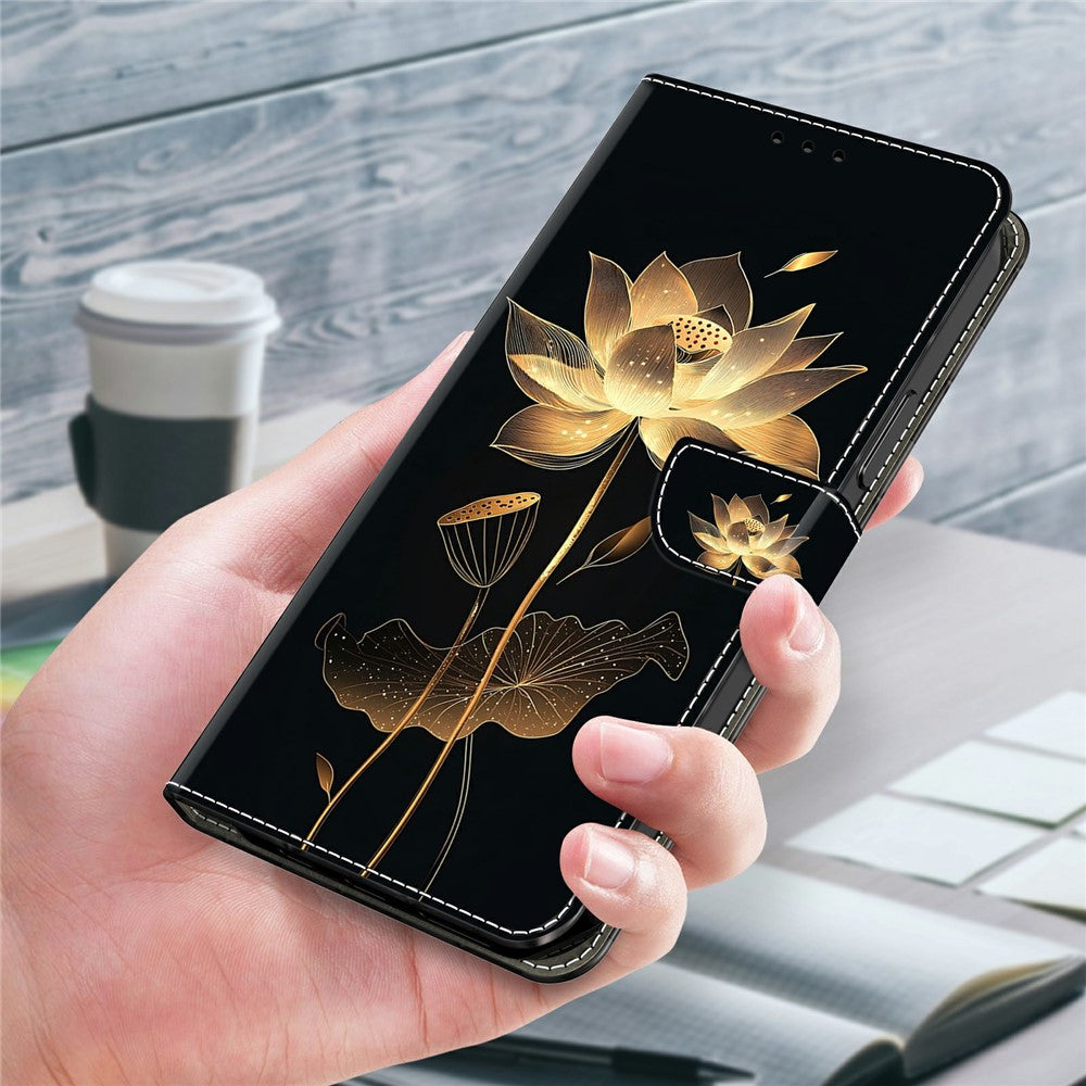 For Xiaomi Redmi Note 15 Pro 5G (Global) Wallet Case Foldable Stand Pattern Printing Leather Flip Phone Cover - Gold-Threaded Lotus