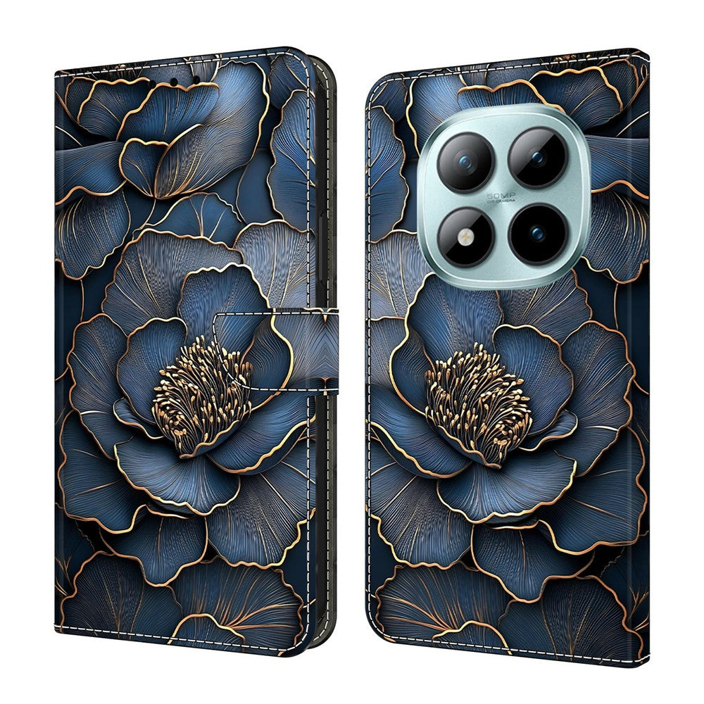 For Xiaomi Redmi Note 15 Pro 5G (Global) Wallet Case Foldable Stand Pattern Printing Leather Flip Phone Cover - Blue Gold Peony