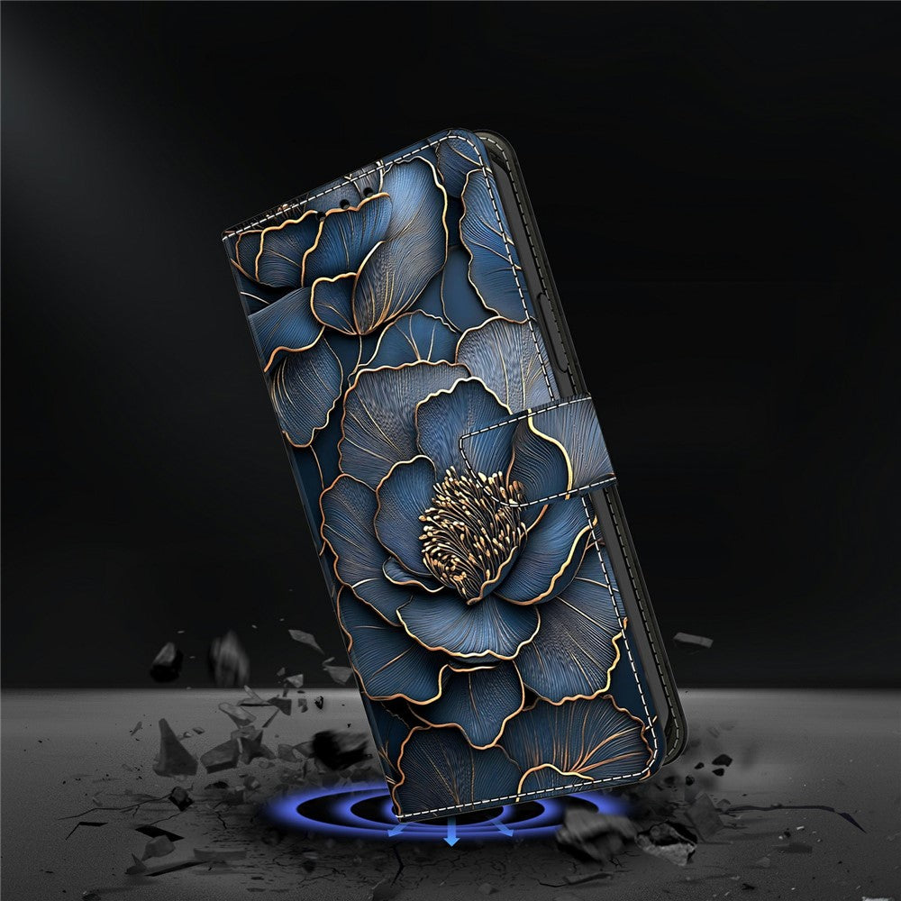 For Xiaomi Redmi Note 15 Pro 5G (Global) Wallet Case Foldable Stand Pattern Printing Leather Flip Phone Cover - Blue Gold Peony