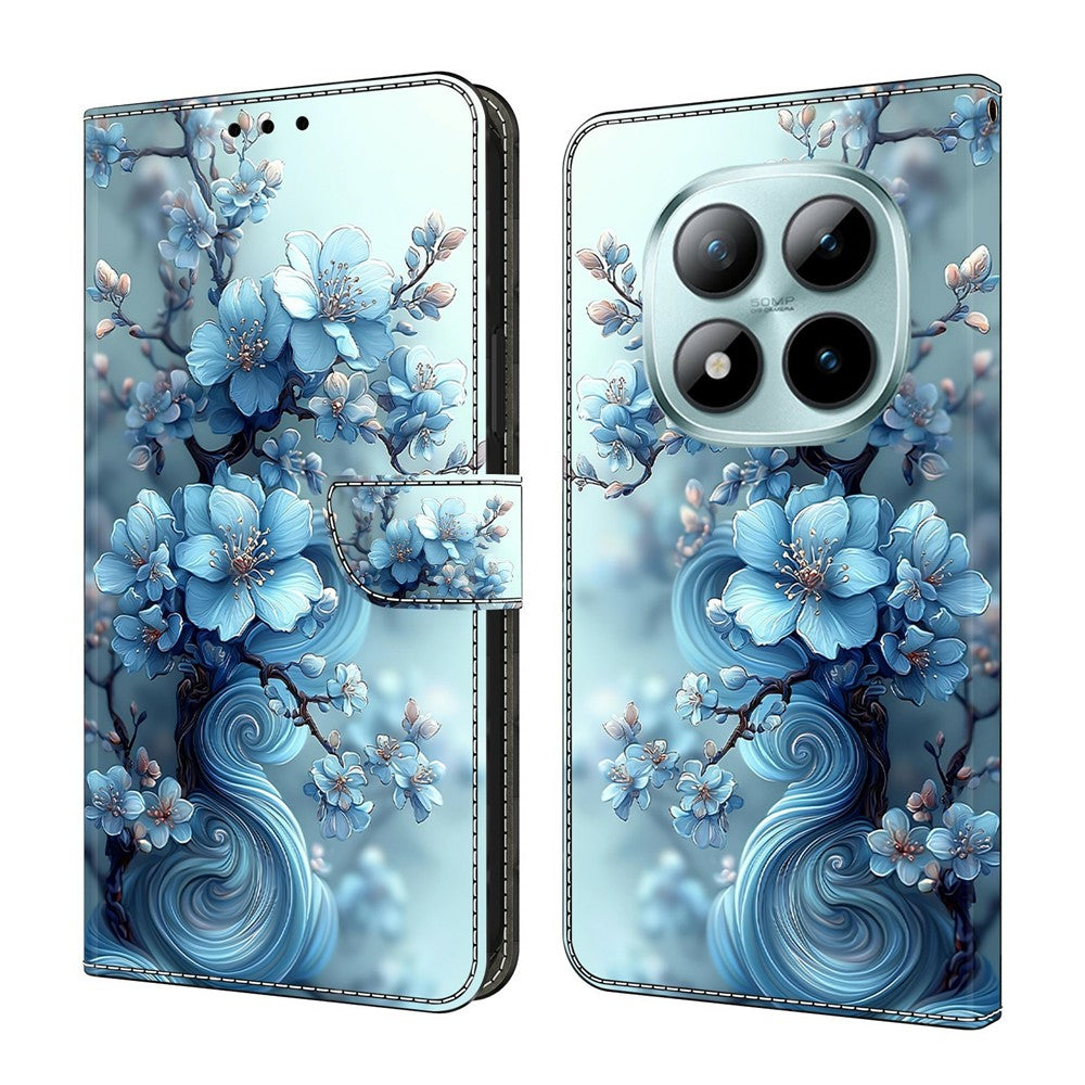 For Xiaomi Redmi Note 15 Pro 5G (Global) Wallet Case Foldable Stand Pattern Printing Leather Flip Phone Cover - Ice Blue Flower