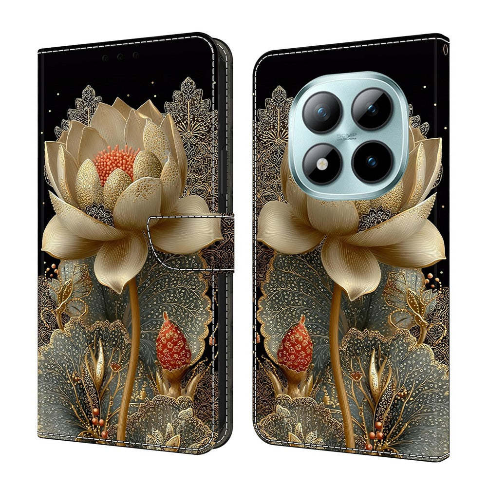 For Xiaomi Redmi Note 15 Pro 5G (Global) Wallet Case Foldable Stand Pattern Printing Leather Flip Phone Cover - Golden Lotus