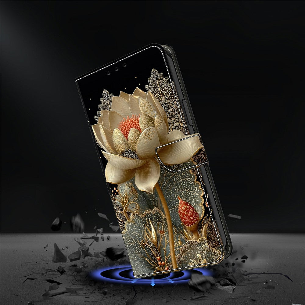 For Xiaomi Redmi Note 15 Pro 5G (Global) Wallet Case Foldable Stand Pattern Printing Leather Flip Phone Cover - Golden Lotus