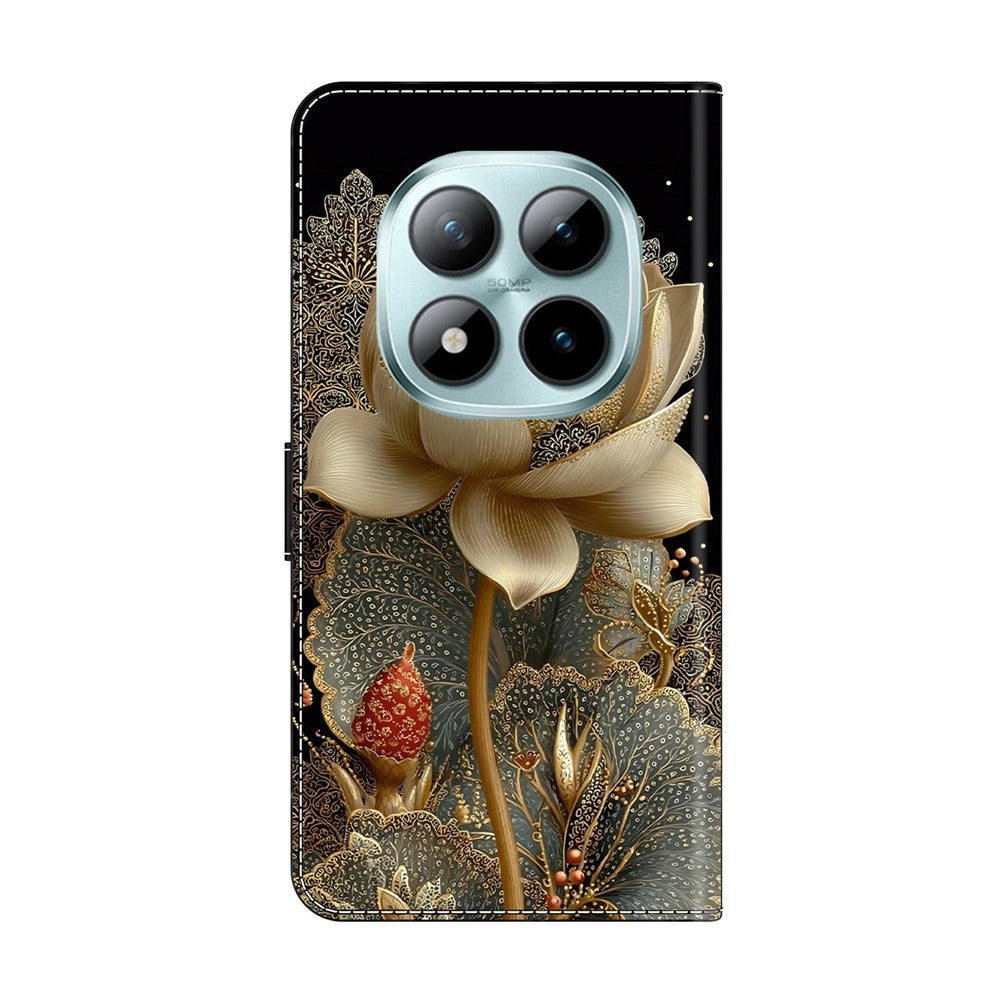 For Xiaomi Redmi Note 15 Pro 5G (Global) Wallet Case Foldable Stand Pattern Printing Leather Flip Phone Cover - Golden Lotus