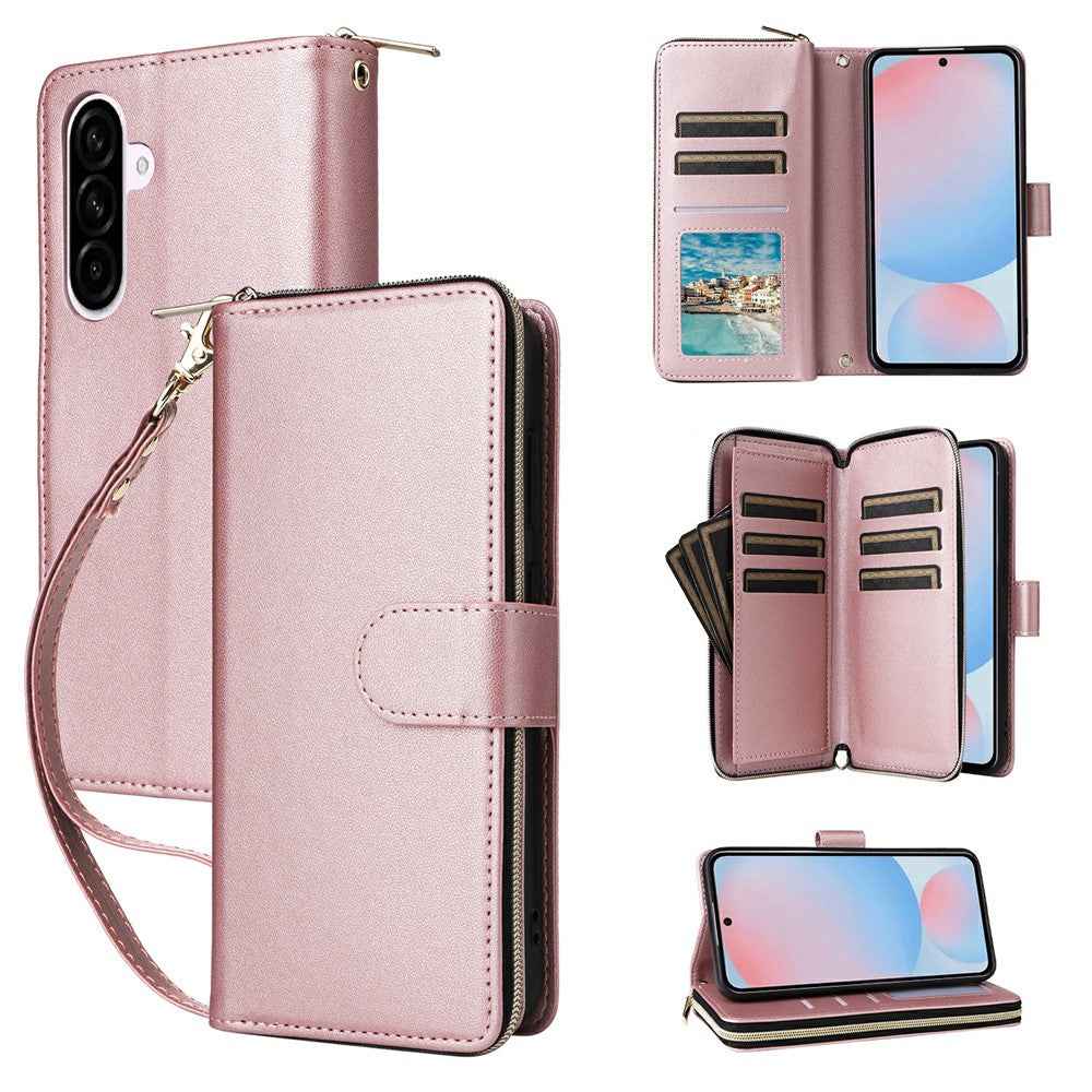 For Samsung Galaxy A57 5G Case 9 Card Slots Zipper Pocket PU Leather Phone Cover with Wrist Strap - Rose Gold