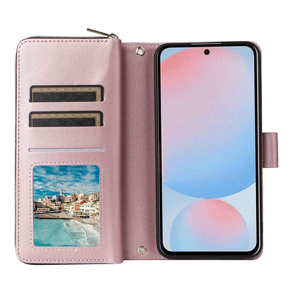For Samsung Galaxy A57 5G Case 9 Card Slots Zipper Pocket PU Leather Phone Cover with Wrist Strap - Rose Gold