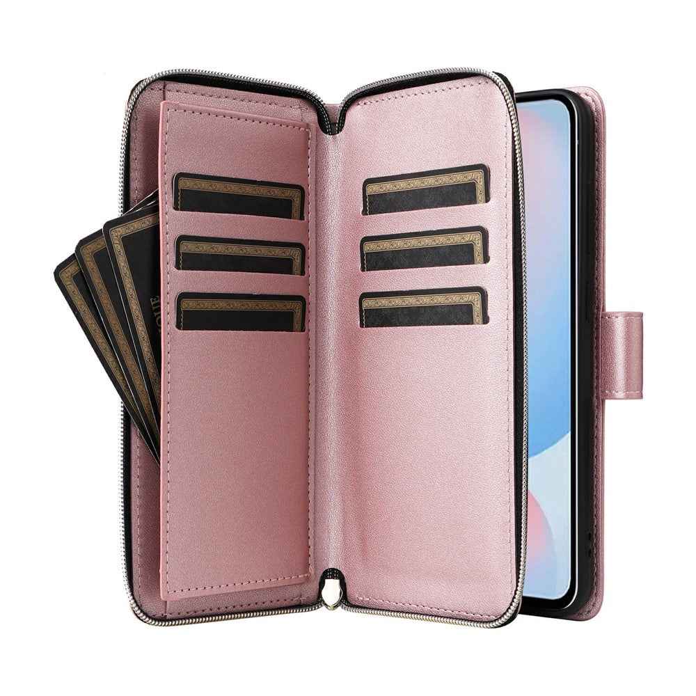 For Samsung Galaxy A57 5G Case 9 Card Slots Zipper Pocket PU Leather Phone Cover with Wrist Strap - Rose Gold