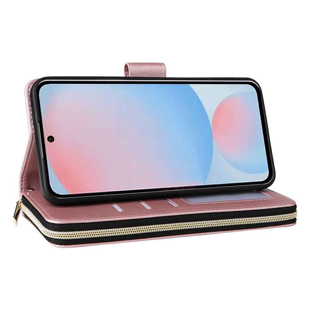 For Samsung Galaxy A57 5G Case 9 Card Slots Zipper Pocket PU Leather Phone Cover with Wrist Strap - Rose Gold