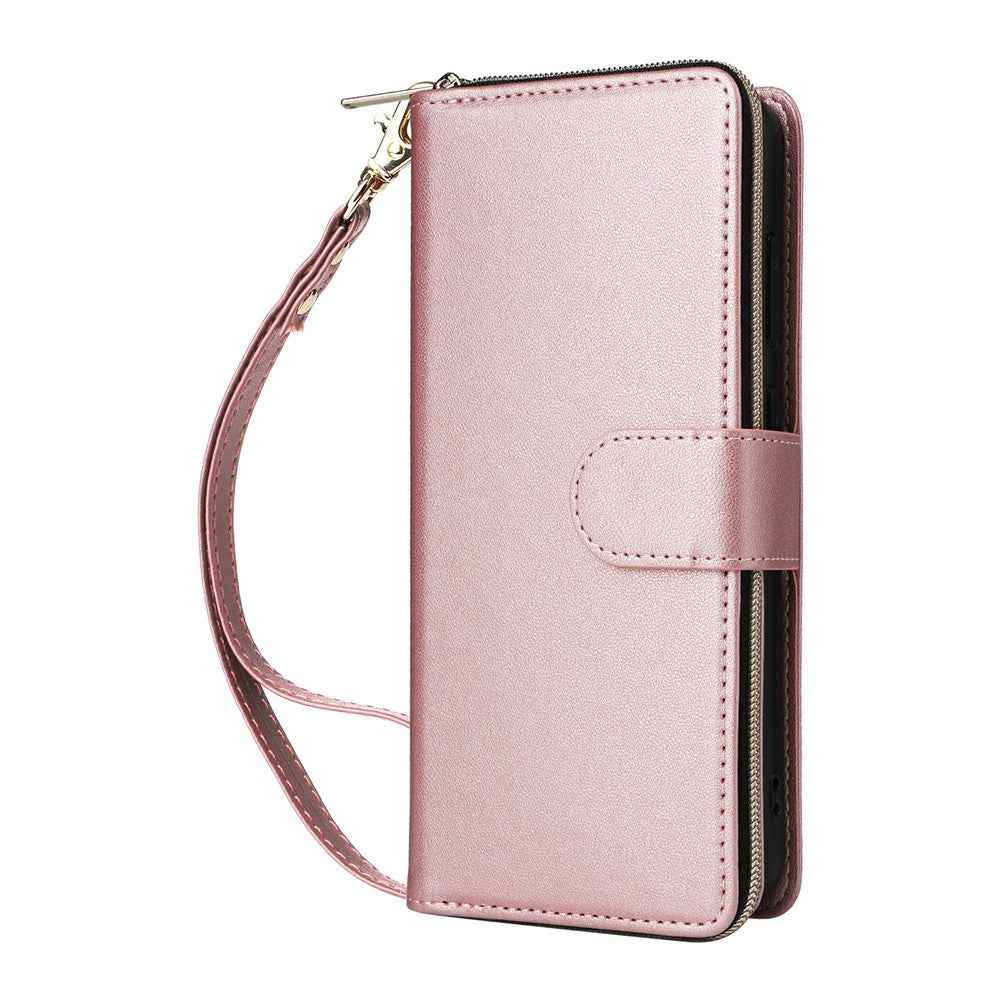 For Samsung Galaxy A57 5G Case 9 Card Slots Zipper Pocket PU Leather Phone Cover with Wrist Strap - Rose Gold