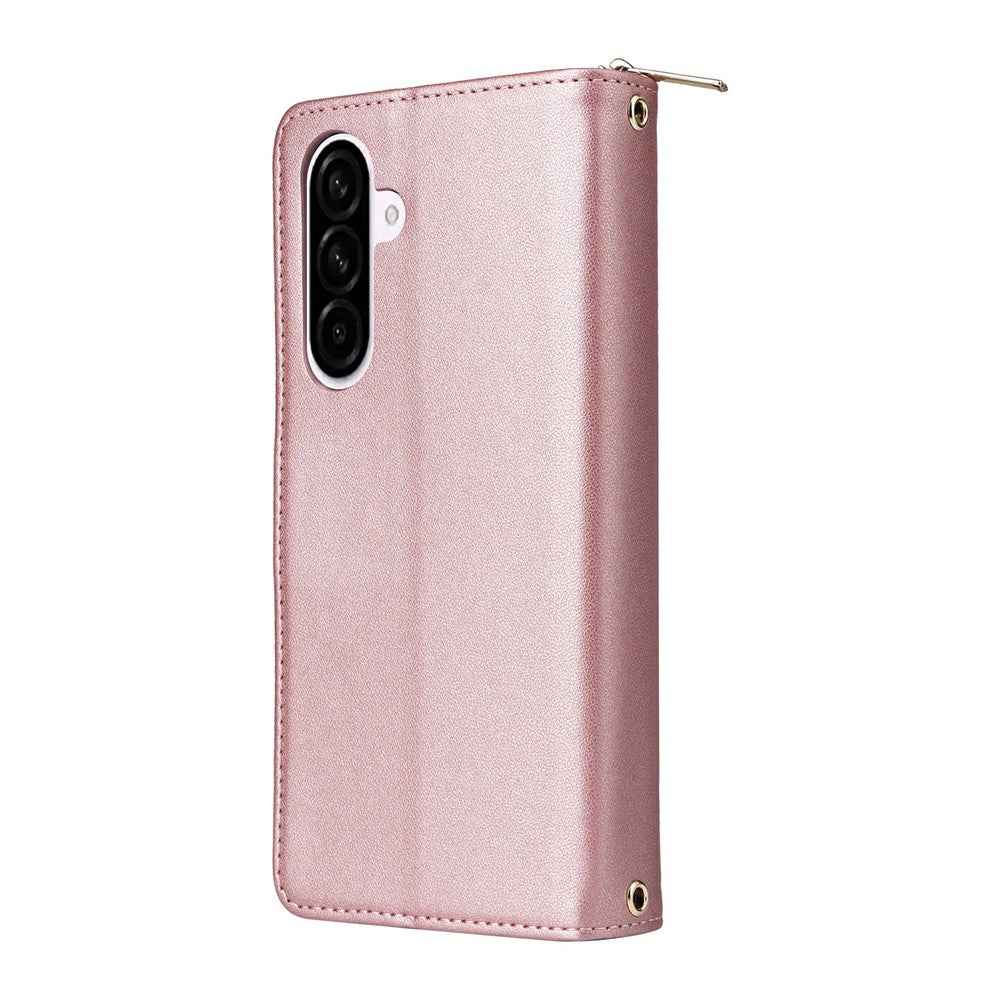 For Samsung Galaxy A57 5G Case 9 Card Slots Zipper Pocket PU Leather Phone Cover with Wrist Strap - Rose Gold