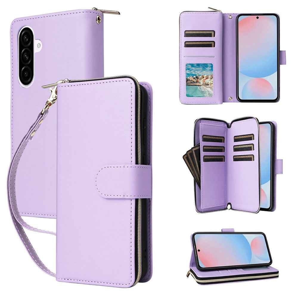 For Samsung Galaxy A57 5G Case 9 Card Slots Zipper Pocket PU Leather Phone Cover with Wrist Strap - Light Purple