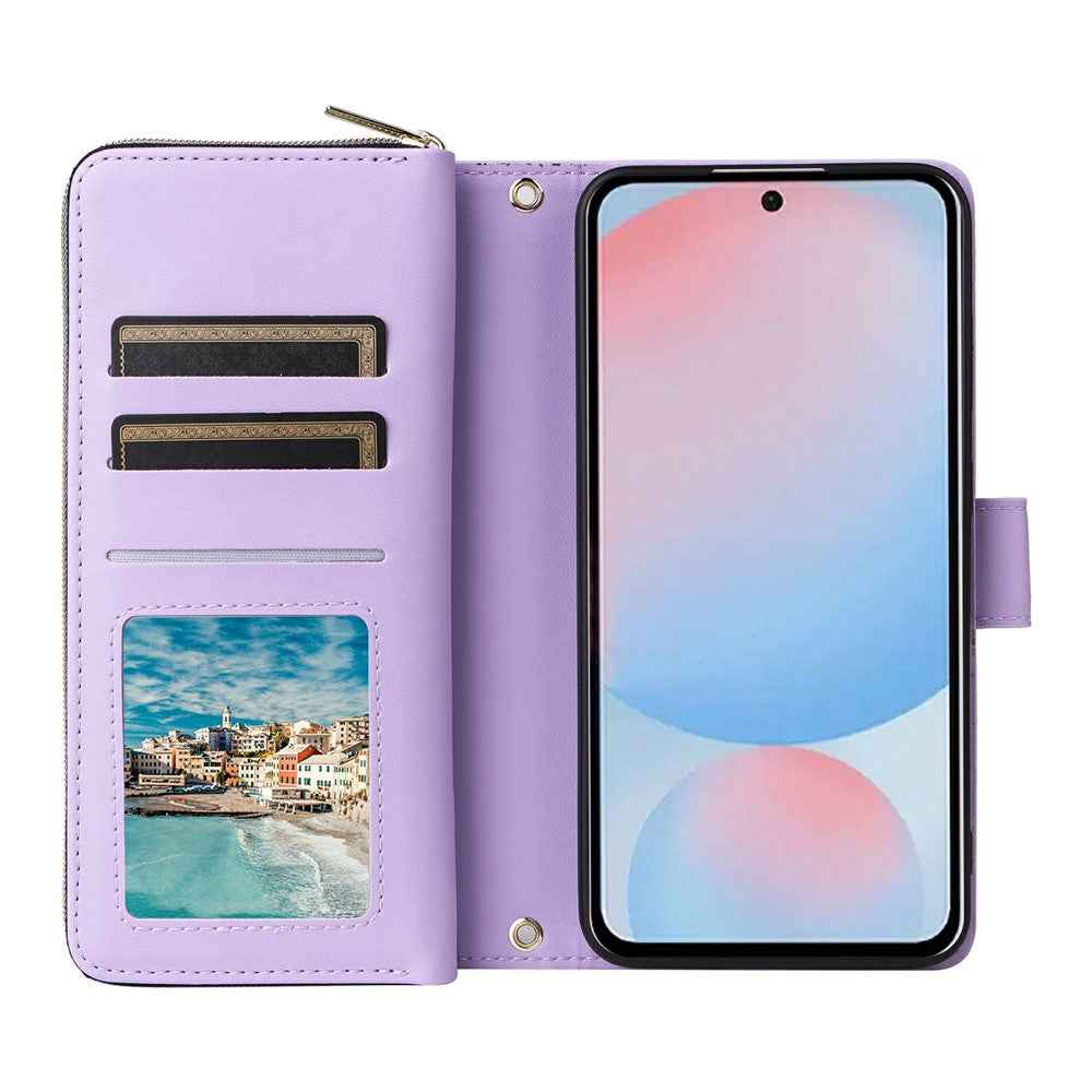 For Samsung Galaxy A57 5G Case 9 Card Slots Zipper Pocket PU Leather Phone Cover with Wrist Strap - Light Purple