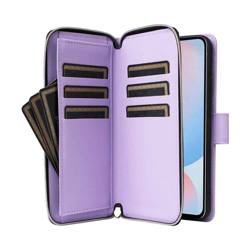 For Samsung Galaxy A57 5G Case 9 Card Slots Zipper Pocket PU Leather Phone Cover with Wrist Strap - Light Purple