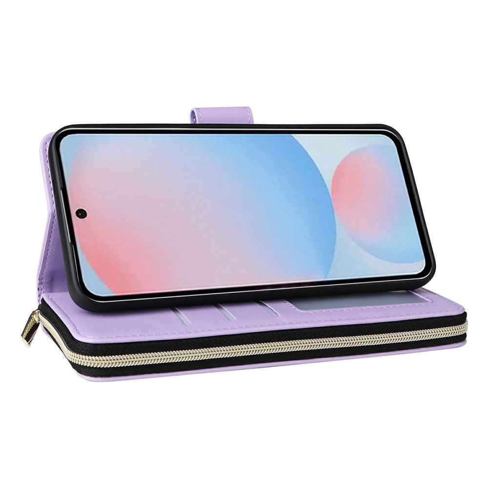 For Samsung Galaxy A57 5G Case 9 Card Slots Zipper Pocket PU Leather Phone Cover with Wrist Strap - Light Purple