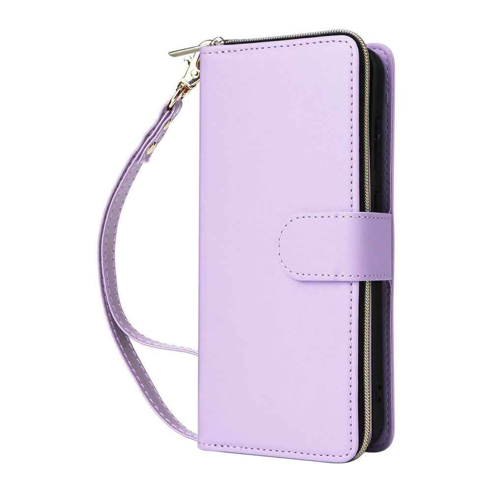 For Samsung Galaxy A57 5G Case 9 Card Slots Zipper Pocket PU Leather Phone Cover with Wrist Strap - Light Purple