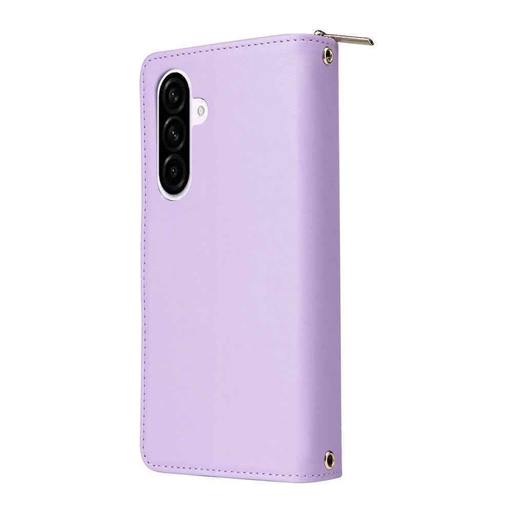 For Samsung Galaxy A57 5G Case 9 Card Slots Zipper Pocket PU Leather Phone Cover with Wrist Strap - Light Purple