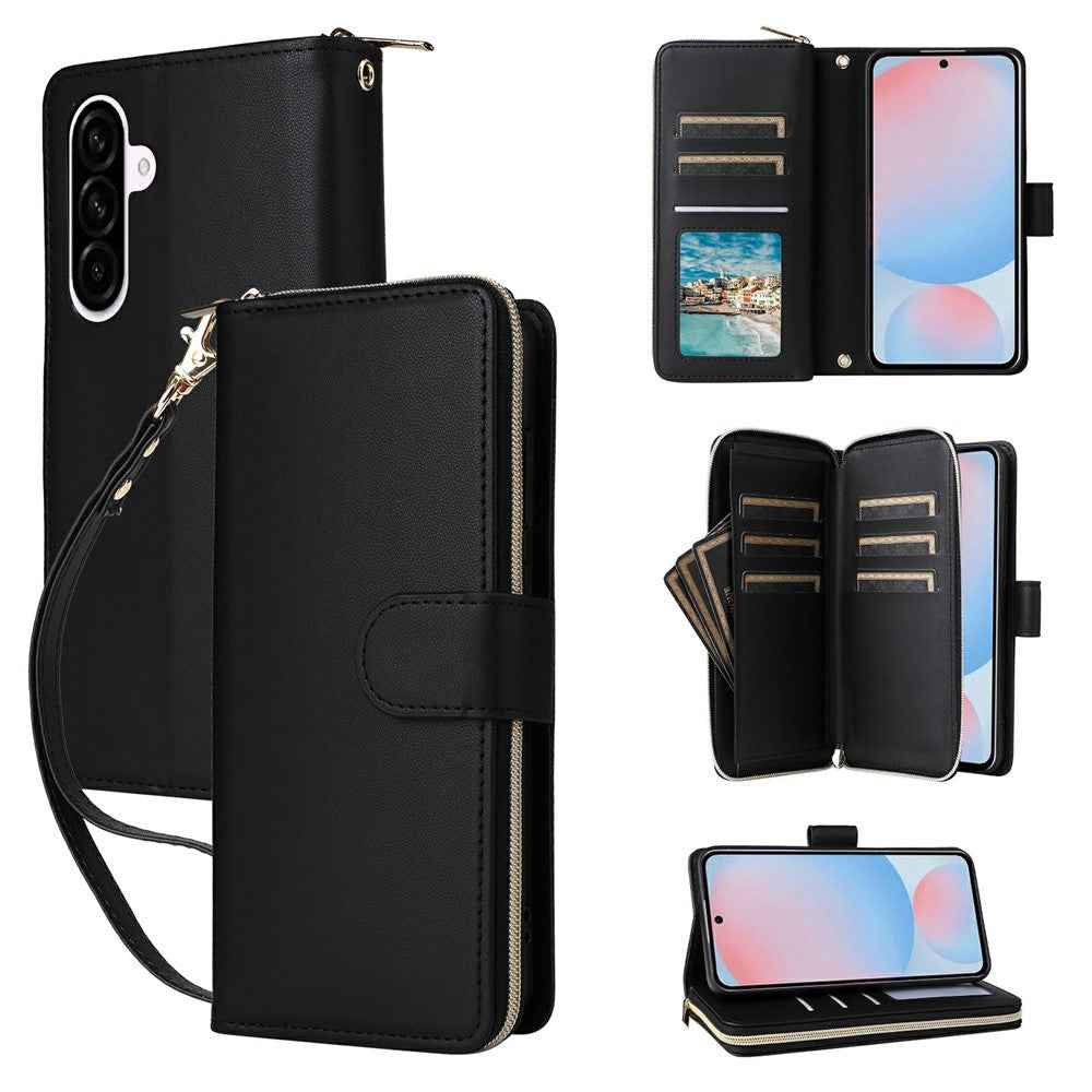 For Samsung Galaxy A57 5G Case 9 Card Slots Zipper Pocket PU Leather Phone Cover with Wrist Strap - Black